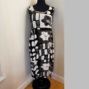 Vintage Jams World Rayon Maxi Dress Black White Graphic Print Pockets Large